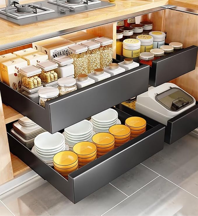 Pull Out Cabinet Adhesive Pull Out Teles Kitchen Drawer 25kg Load Capacity Slide Out Drawer for Kitchen Cupboard Storage,35CM-White