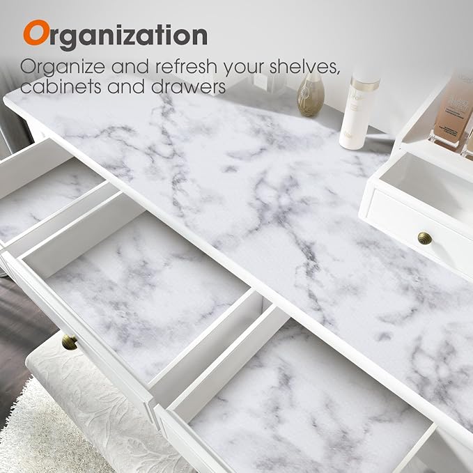 Drawer and Shelf Liner, Non-Slip Kitchen Cabinet Liners Non-Adhesive Thick Strong Grip Waterproof Washable Mats Protect Dresser Shelves Cupboard Bathroom Cabinets, White Marble, 12 in X 20 FT