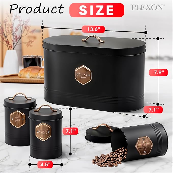 Plexon Bread Box for Kitchen Countertop with 3 Coffee, Tea, Sugar Canisters, Metal 4-Piece Bread Box Set with Lids and Cooper Labels, Black, BBCP4STBK