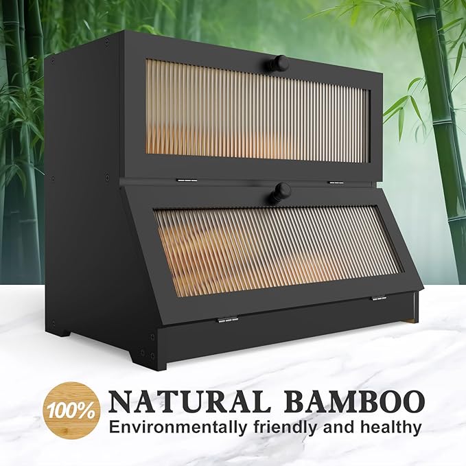 LOHASOK Bamboo Bread Box for Kitchen Countertop, Double Layer Large Bread Storage Container for Homemade Bread with Window & Lid, Bread Keeper Holder,Black