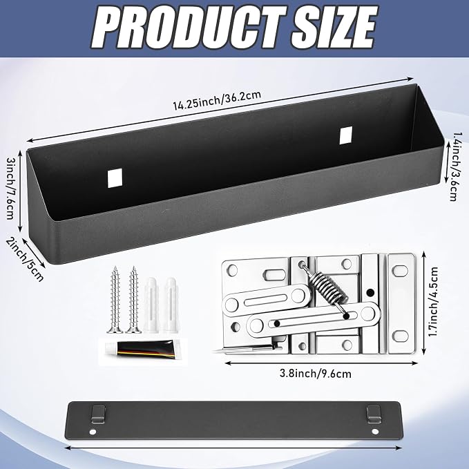 Zonon 2 Set 14 Inch Tip Out Tray for Front Sink Drawer with Hinges and Mounting Plate Includes Screws and No-Drill Adhesive, Metal Pull Out Storage Organizer for Kitchen Bathroom Cabinet