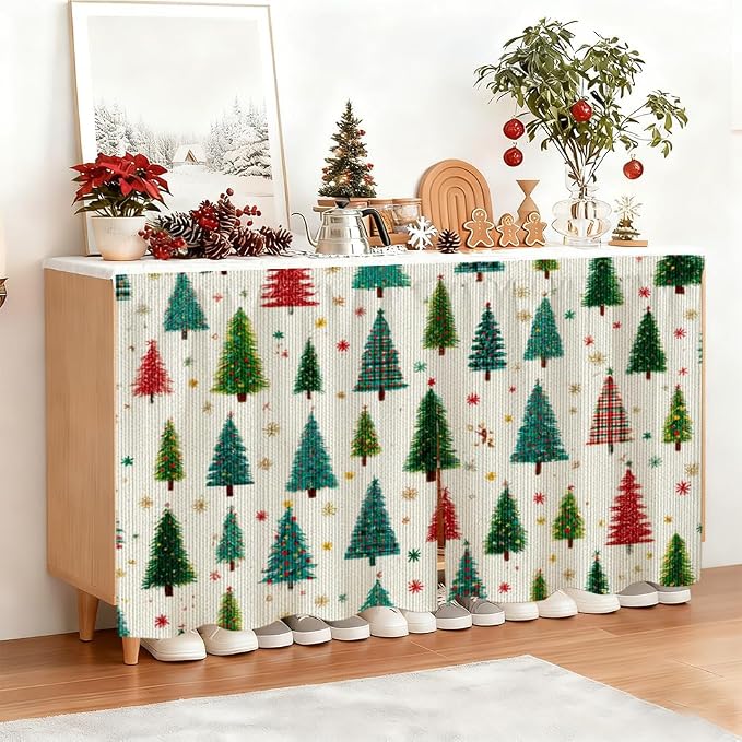 Self Adhesive Evergreen Pine Tree Cabinet Curtain for Mother's Day, 39x28 Inch Forest Under Sink Skirt No Drill, Spring Cleaning Kitchen Decor, Hook and Loop Laundry Valance, Fabric Panel