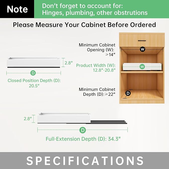 Pull out Cabinet Organizer, 1 pack, 20.5" Deep Heavy Slide out Drawers, Upgrade Three Triple-Slide Rail Systems, Expandable 12.8"-20.8" Roll out Shelf Storage for Kitchen Base Cabinet Organization
