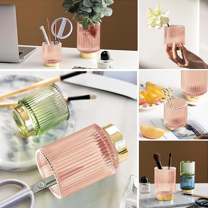DASITON Makeup Brush holder Organizer,Crystal Cosmetic Makeup Brush Glass Brushes Storage Holder, Vintage Make Up Brush Cup Pen Pencil Holder striped vase(Pink S)