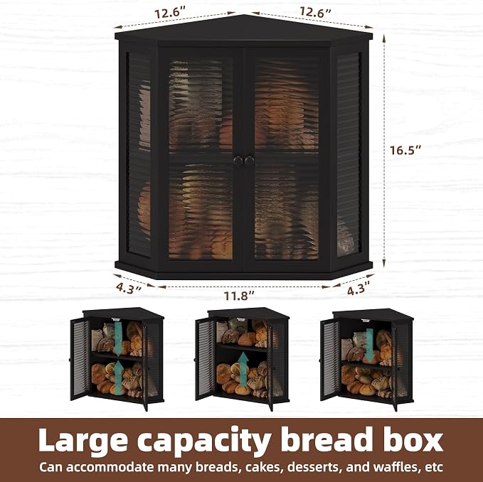 Extra Large Corner Bread Box for Kitchen Countertop, 16.5 Inch Charred Pine 2-Tier Breadbox with Glass Wavy Door Panel, Vintage Farmhouse Style Wood Design (balck)