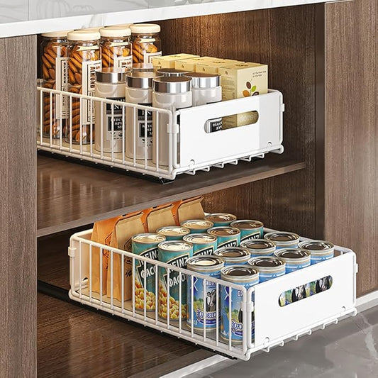 YunNasi Pull Out Cabinet Organizer Slide Out Drawer Storage Shelves Cupboard Organiser Sliding Cabinet Basket for Kitchen No Drilling and Nailing (White, 2Piece 9.8" W X 15" D X 3.9" H)