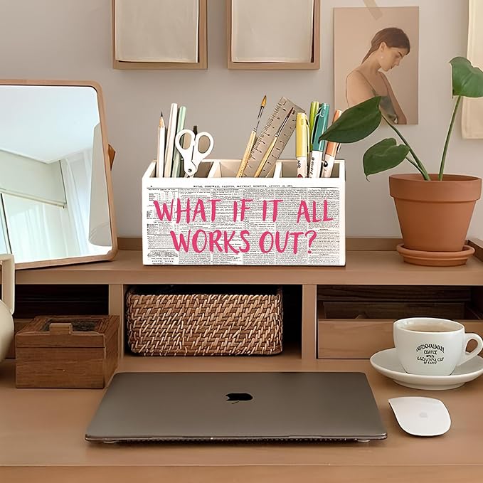 Inspirational Pen Holder, Positive Affirmation Gifts for Women Pencil Holder for Desk, What If It All Works Out Motivational Wooden Box Sign Decorations for Girly Room Dorm Desk Tabletop