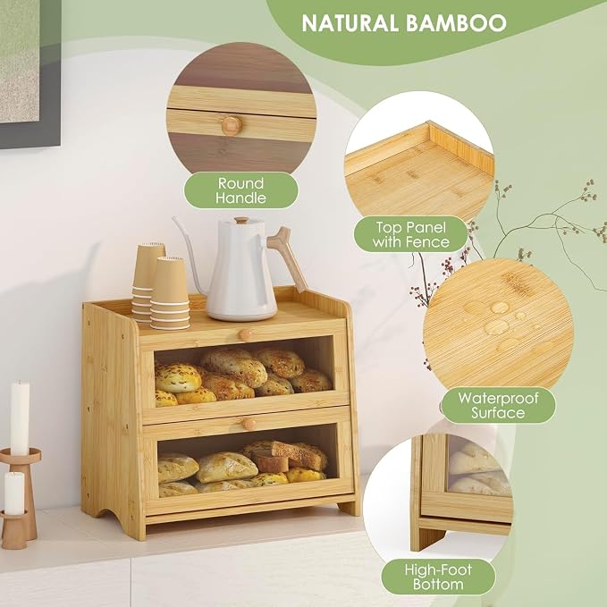 JANSNIMEN Large Bread Box for Kitchen Countertop, Double Layer Breadbox Bread Container Storage with Acrylic Door, Wooden Farmhouse Bread Holder (Bamboo, Large-16.54" L x 9.84" W x 14.96" H)