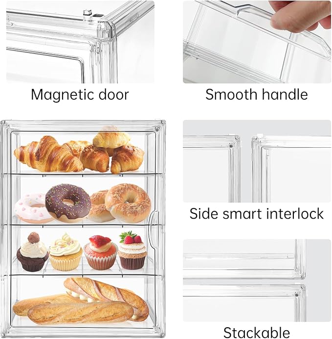 BOHOIDEE Extra Large 4 Tiers Clear Bread Box for Kitchen Counter, Acrylic Bread Keeper Stackable Storage Container Plastic Bread Bin Holder with Magnetic Door for Pantry Countertop