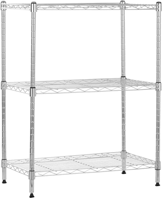 Amazon Basics 3-Shelf Adjustable Heavy Duty Steel Wire Shelving Rack with Chrome Finish, No-Tool Assembly, 250 lbs per Shelf, 23.2" L x 13.4" W x 30" H