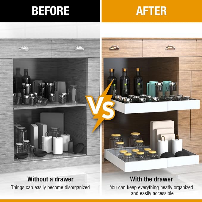 Expandable Pull Out Drawers for Cabinets(White) : Kitchen and Pantry Organizer, Sliding Cabinet Organizer with Adhesive, Under Sink and Pots Storage, Depth 16.5". expandable pull out cabinet organizer