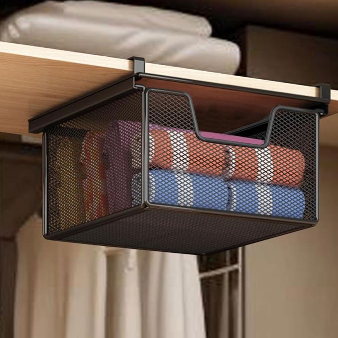 under Shelf Basket Black Decoration Space Saving Portable Hanging Pullout Drawer Basket Organizer for Cupboard Laundry Room, Length 46 cm