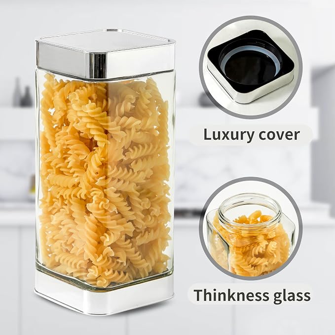Glass Storage Jars-Large Kitchen Glass Canisters with Airtight Lids -Coffee Pasta Sugar Tea Snack Nuts Cookie Flour Food Container - Set of 3， Silver