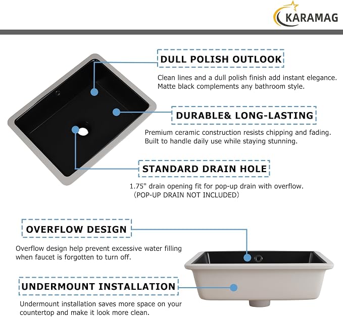 18 Inch Matte Black Undermount Bathroom Sink Small Rectangle Undermount Sink Black Under Counter Bathroom Sinks with Overflow (18-1/2"x14")
