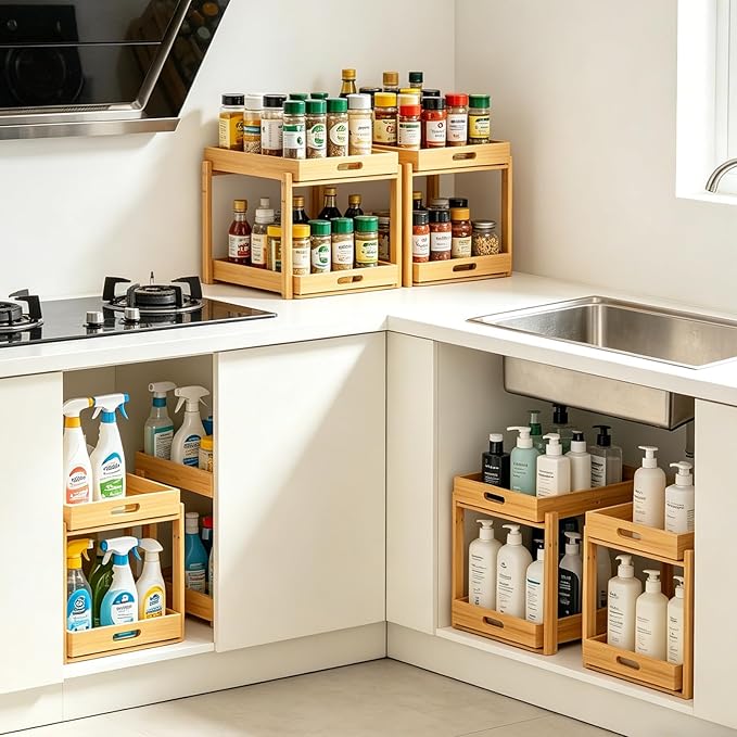 Under Sink Organizer and Storage - 2-Tier Bamboo Kitchen Cabinet Shelf with Adjustable Levels, Undersink Organization Slide Out for Bathroom Cabinet Pantry(Natural, 2 Packs)