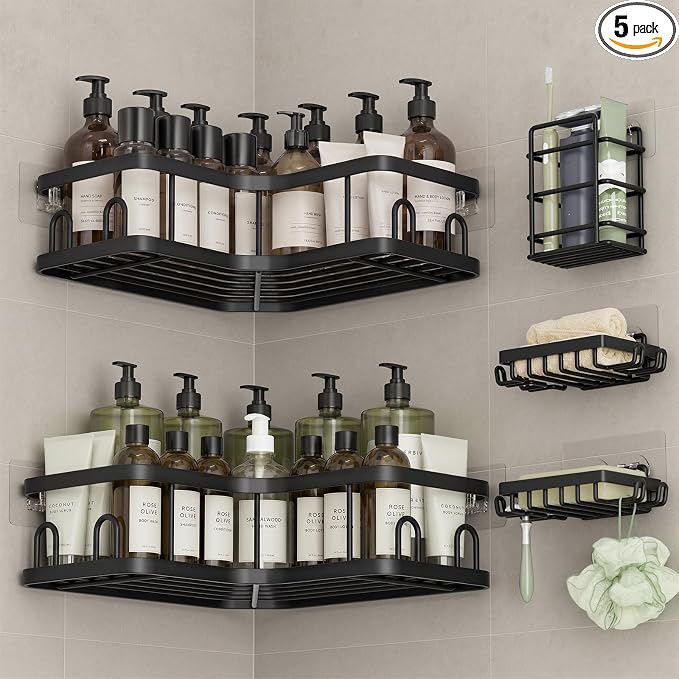 Veken Corner Shower Caddy 5-Pack, Advanced Rustproof Design, No Drilling Adhesive Shelves, Rack with Soap Holder, Large Capacity Bathroom Organizers and Storage, Wall-Mounted Kitchen&Home Decor,Black