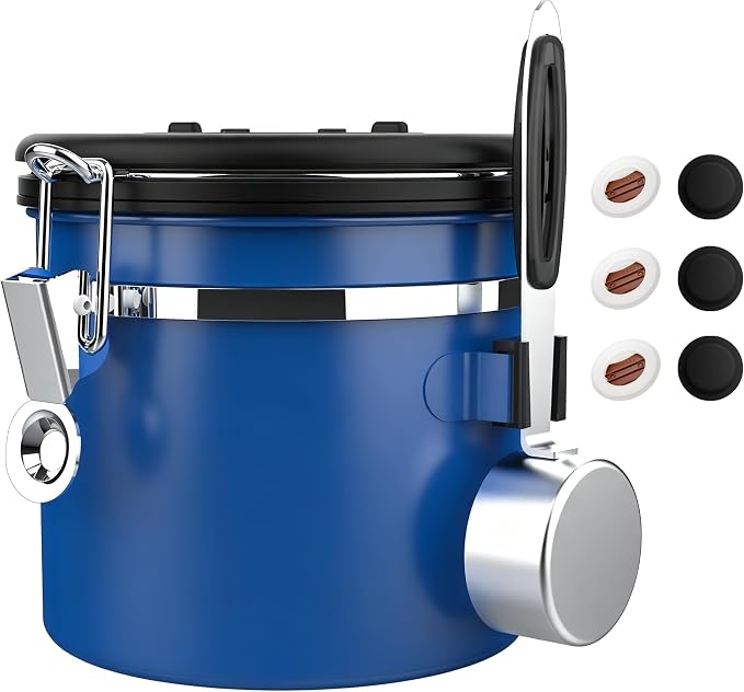ShanSon Coffee Canister Airtight, Stainless Steel Bean Storage Container with Date Tracker & Scoop, Grounds Sugar Flour Tea Cereal Fits Kitchen Pantry, Ideal Gift for Coffee Lovers,12oz,Blue