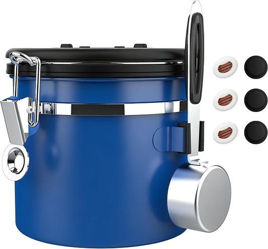 ShanSon Coffee Canister Airtight, Stainless Steel Bean Storage Container with Date Tracker & Scoop, Grounds Sugar Flour Tea Cereal Fits Kitchen Pantry, Ideal Gift for Coffee Lovers,12oz,Blue