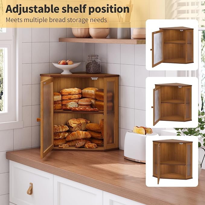 Corner Bread Box for Kitchen Countertop,Bread Storage for Homemade Bread, Double Layer Large Bamboo Kitchen Storage Bin with Window (Brown, Large)
