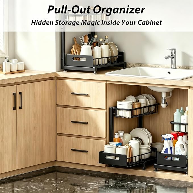 Upgraded Under Sink Organizer, 2 Tier Pull Out Kitchen Cabinet Organizer Metal Slide Out Bathroom Organizers and Storage Makeup Drawer Organizer for Office Bedroom Restroom Livingroom