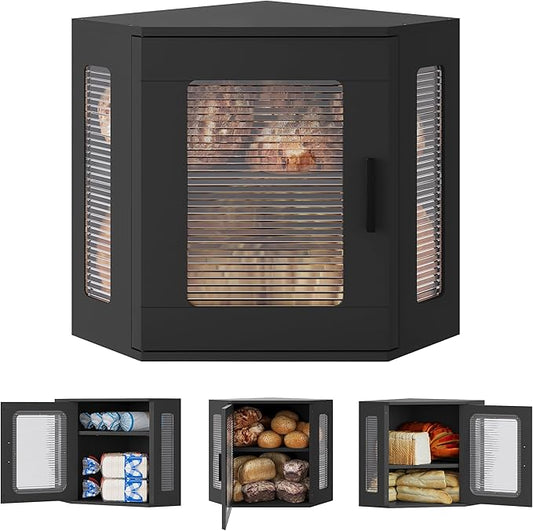 TQVAI Bread Box for Kitchen Countertop Large Corner Bread Loaf Storage Container Double Layer Wooden Bread Boxes Bin Farmhouse Pantry Shelf with Acrylic Window, Black