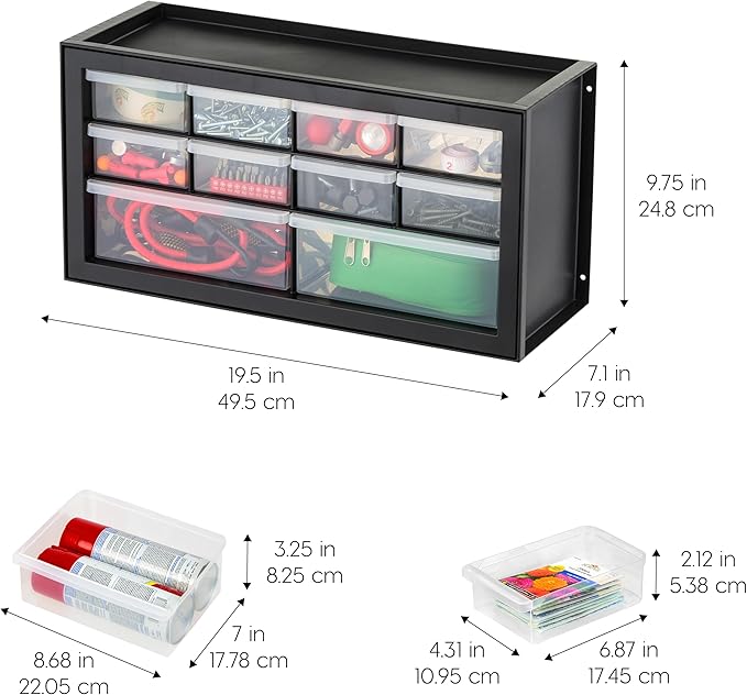 IRIS USA 10-Drawer Organizer (2 Pack), Made in USA, Teacher Toolbox, Plastic Storage Drawers, Stackable Organizer for Hardware, Small Parts, Craft, Bead, Screw, Nut and Bolt, Building Bricks, Black