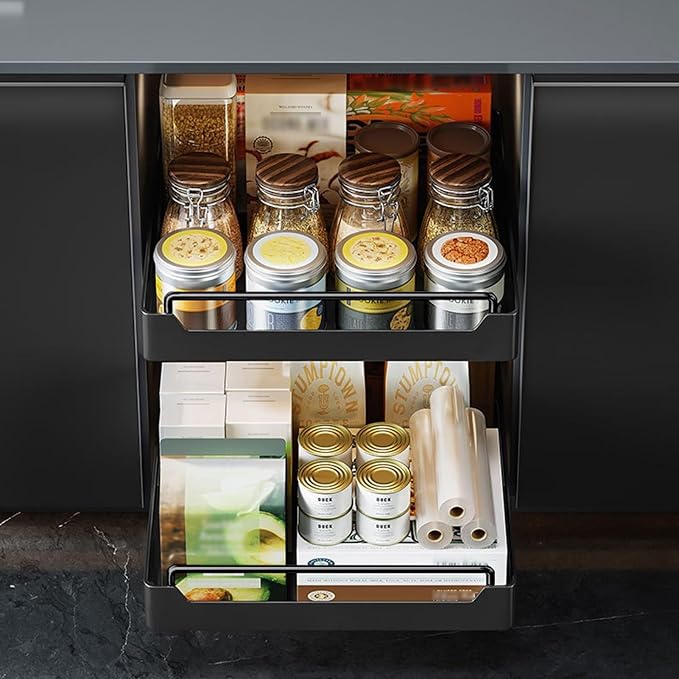 Expandable Pull-Out Cabinet Organizer, Stainless Steel Slide-Out Drawers for Kitchen, Bathroom, Pantry, and Office, No Drilling Required, Adjustable Storage Shelves(43 * 35 * 7cm)
