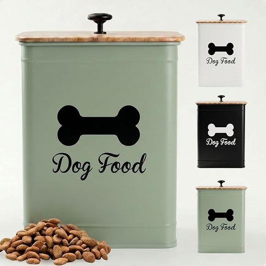 Dog Food Container Airtight 5-7 lb (25 Cup) Capacity - Cute Airtight Dog Food Storage Container with Bamboo Lid & Sturdy Metal Handle - Green Metal Kibble Storage Bin for Dogs up to 50 lbs - Pet Jar