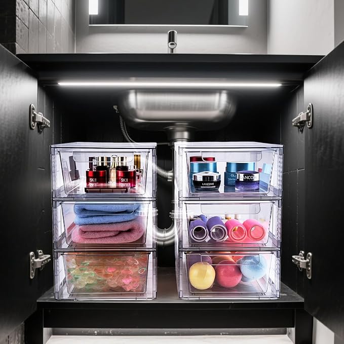 6 Pack Clear Stackable Storage Drawers, 3.95" H Easily Assemble Acrylic Organizer Bins - Multi-Use for Make up, Closet, Pantry, Bathroom, Medicine, Kitchen Cabinet & Undersink Organization