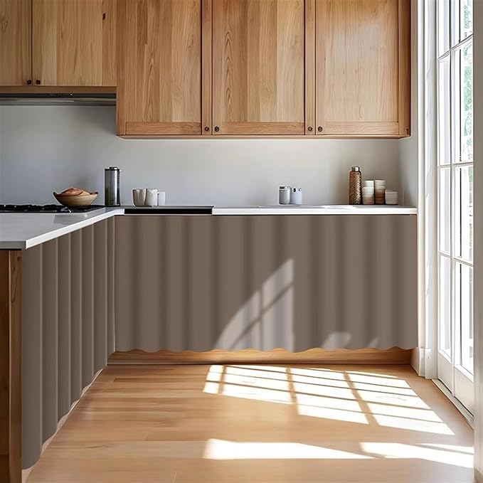 Under Sink Curtain for Closet, Privacy Short Cabinet Curtain Self Stick Adhesive Desk Skirt for Kitchen Classroom, Brown A, 35" W x 28" L