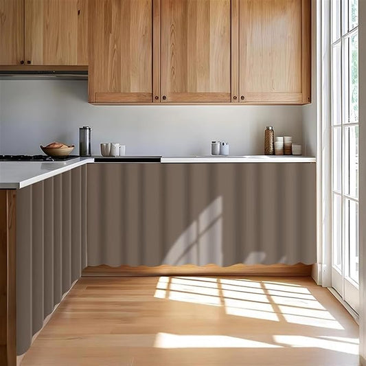 Under Sink Curtain for Closet, Privacy Short Cabinet Curtain Self Stick Adhesive Desk Skirt for Kitchen Classroom, Brown A, 35" W x 28" L
