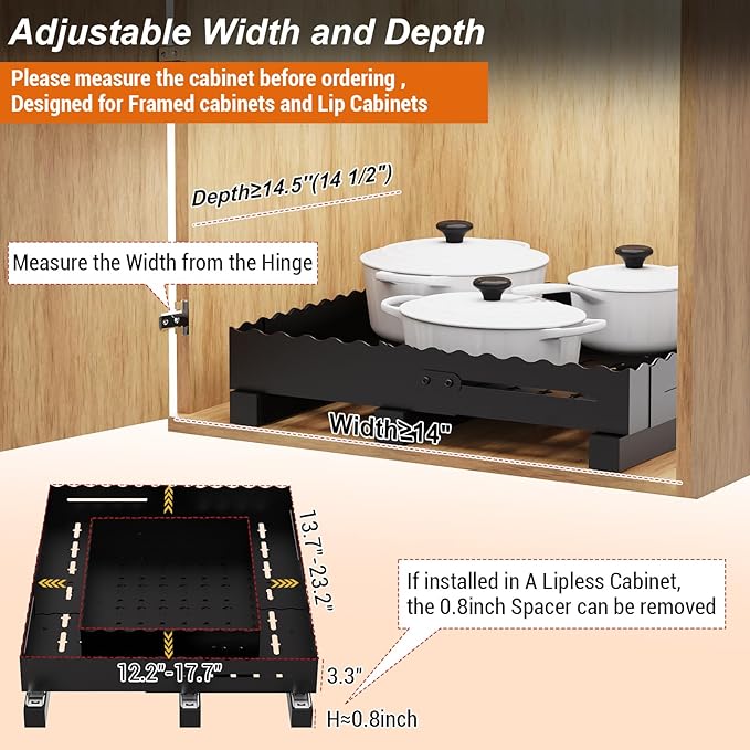Pull Out Cabinet Organizer, Expandable Width (12"-18") Depth (13"-23") with 3-Slide Rails, No Drill Adhesive Pull Out Drawers for Kitchen and Pantry Cabinets, for Both Lip and Lip-Free Cabinets,Black