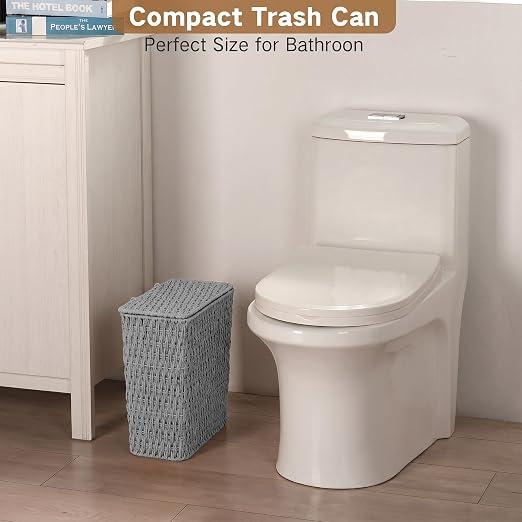 iEGrow Paper Rope Trash Can,Bathroom Trash Can with Lid, 3 Gallon Wicker Waste Basket with Removable Liner, for Bedroom, Living Room, Toilet, Under Sink Gray