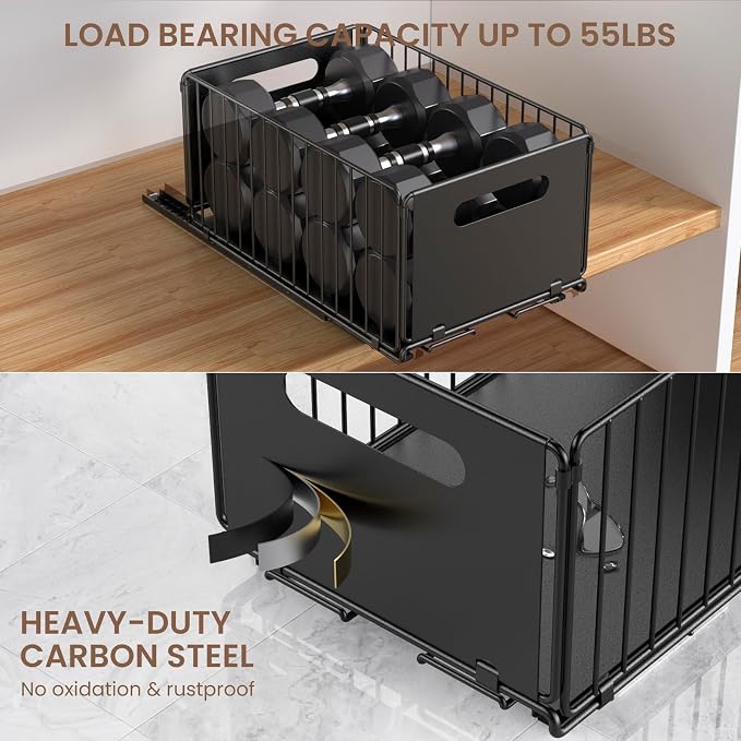 Pull out Cabinet Organizer, 2 Pack Heavy Duty Slide out Drawers Pantry Shelves with Strong Adhesive Glue and Handle for Kitchen, Living Room, Bathroom, Home (14.8" D x 9.6" W x 7.48" H)