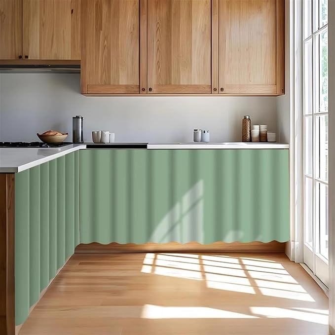 Under Sink Curtain for Closet, Privacy Short Cabinet Curtain Self Stick Adhesive Desk Skirt for Kitchen Classroom, Light Green, 35" W x 28" L
