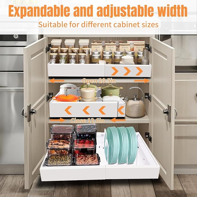 Expandable Metal Pull Out Cabinet Organizer 21"Deep with Raising Pad for Framed Cabinets/Pantry,Upgrade 3 Slide Rails Sliding Drawer for Cabinets with Adhesive Adjustable Width 12.05"-20.4"White 2P