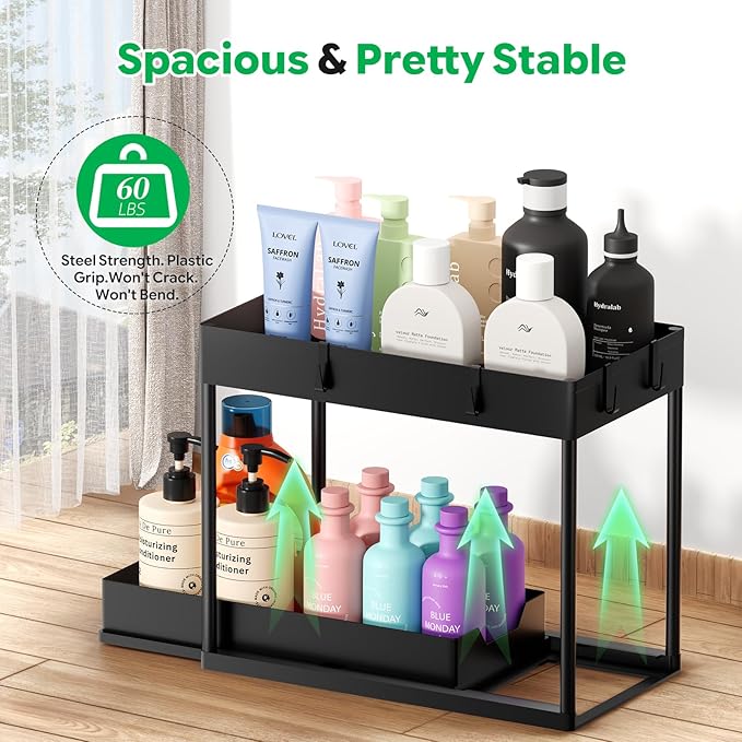 Ekisemio Under Sink Organizer 2 Pack, 2-Tier Pull-Out Bathroom Organizers and Storage, Sliding Cabinet Basket for Kitchen, Black | Sliding Drawer