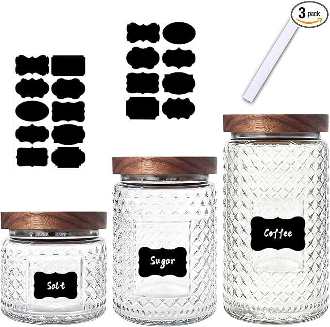 Glass Jars with Wood Lids Labels and Pen - Airtight Storage Container for Kitchen Pantry Bathroom Countertop, Decorative Vintage Canister for Candy, Cookie, Treat, Sugar, Coffee, Tea, Salt, Set of 3