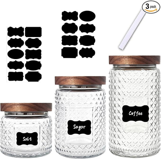 Glass Jars with Wood Lids Labels and Pen - Airtight Storage Container for Kitchen Pantry Bathroom Countertop, Decorative Vintage Canister for Candy, Cookie, Treat, Sugar, Coffee, Tea, Salt, Set of 3