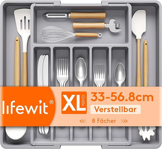 Lifewit Silverware Drawer Organizer, Expandable Utensil Tray for Kitchen, BPA Free Flatware and Cutlery Holder, Adjustable Plastic Storage for Spoons Forks Knives, 33 -57 x 42cm, Gray