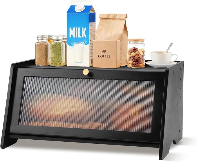 Bamboo Breadbox for Kitchen Countertop, Farmhouse Large Capacity Bread Container Storage Bin with Striped Window Door Panel, Vintage Bread Holder for Bagels, Muffins, Cupcakes & Cookies (Black)