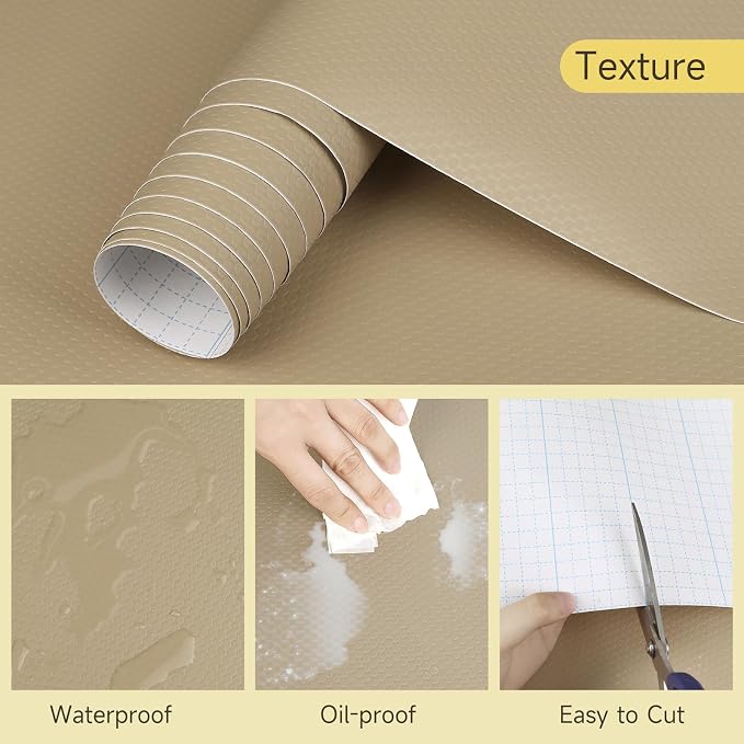 WochiTV Adhesive Shelf Liner 30 X 240 Inches Peel and Stick Kitchen Liner for Cabinets, Drawers Removable Protector Mat Waterproof Contact Covering for Dresser Pantry Countertops Shelves, Khaki