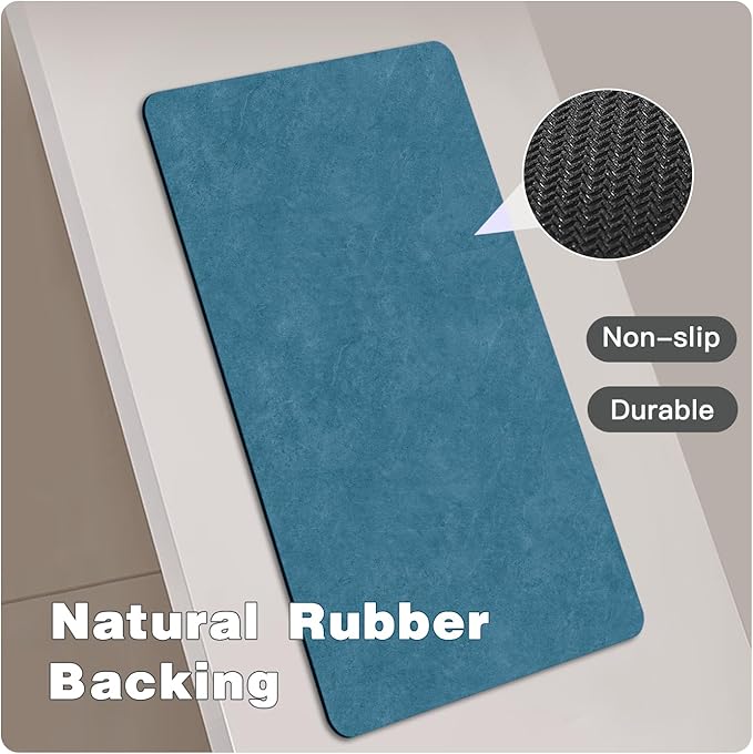 TYUU Bathroom Mat Quick Dry, Bathroom Rugs Non Slip Washable Thin Absorbent Bath Mat Fits Under Door Bathroom Floor Mat Perfect for Bath, Shower, or Sink 17"x59" Denim Blue