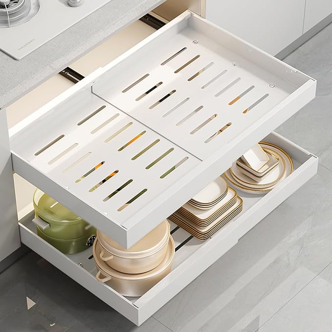 Telescopic Extendable Slide Out Drawer Shelves Storage,Adjustable Width,Pull-out storage rack,Kitchen storage rack,No need to punch holes,for Kitchen Cabinet(Gray,Small)