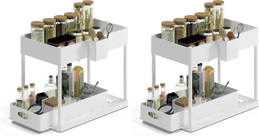 Under Sink Organizers and Storage | Bathroom Cabinet Organizer, Sink Shelf with Utility Hooks and Side Caddy for Under Cabinet Storage | White (2-Pack) Under Kitchen Sink Organizer with Sliding Drawer