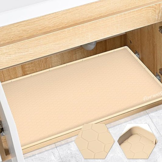 Waterproof Under Sink Mat 28" x 22", Silicone Cabinet Liner, Rubber Protector for Kitchen and Bathroom, Keeps Cabinets Clean, Dry, and Organized (Beige)
