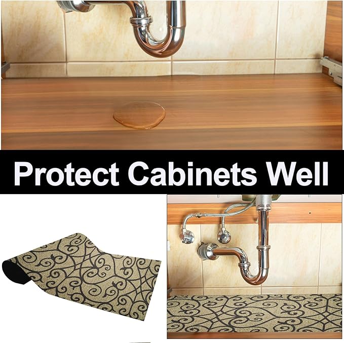 AiBOB Waterproof Under Sink Mat, Absorbent Quick Dry Sink Liners Protect Cabinets, Durable Shelf Liners, Slip Resistant and Non-Adhesive, 24X68, Black/Brown