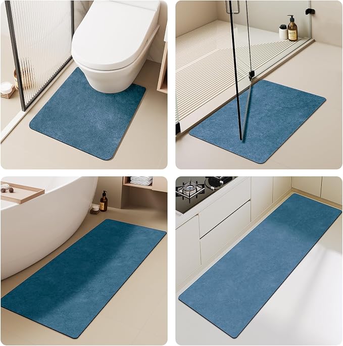 TYUU Bath Mat, Bathroom Rugs Non Slip Washable Thin Absorbent Quick Dry Bath Mat Fits Under Door Bathroom Floor Mat Perfect for Bath, Shower, or Sink 20"x48" Denim Blue