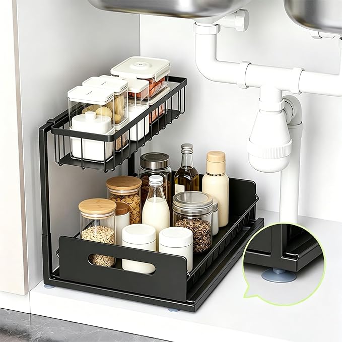 Upgraded Under Sink Organizer, 2 Tier Pull Out Kitchen Cabinet Organizer Metal Slide Out Bathroom Organizers and Storage Makeup Drawer Organizer for Office Bedroom Restroom Livingroom