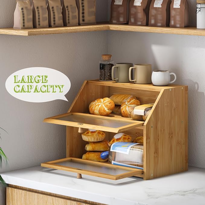 BMOSU Large Bread Box for Kitchen Countertop,Double Layer Bread Box for Kitchen Counter,Bamboo Wood Bread box Capacity Bin Storage(Natural)